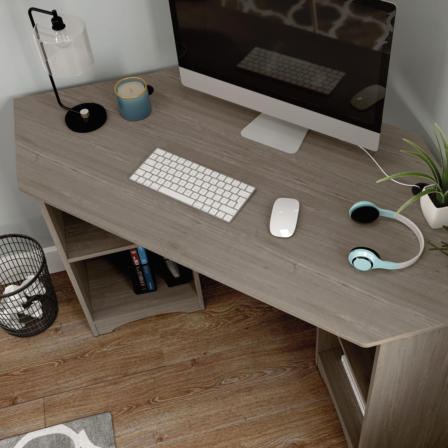 Sauder Beginnings 54inW Corner Desk With Shelves, Silver Sycamore - Image 5