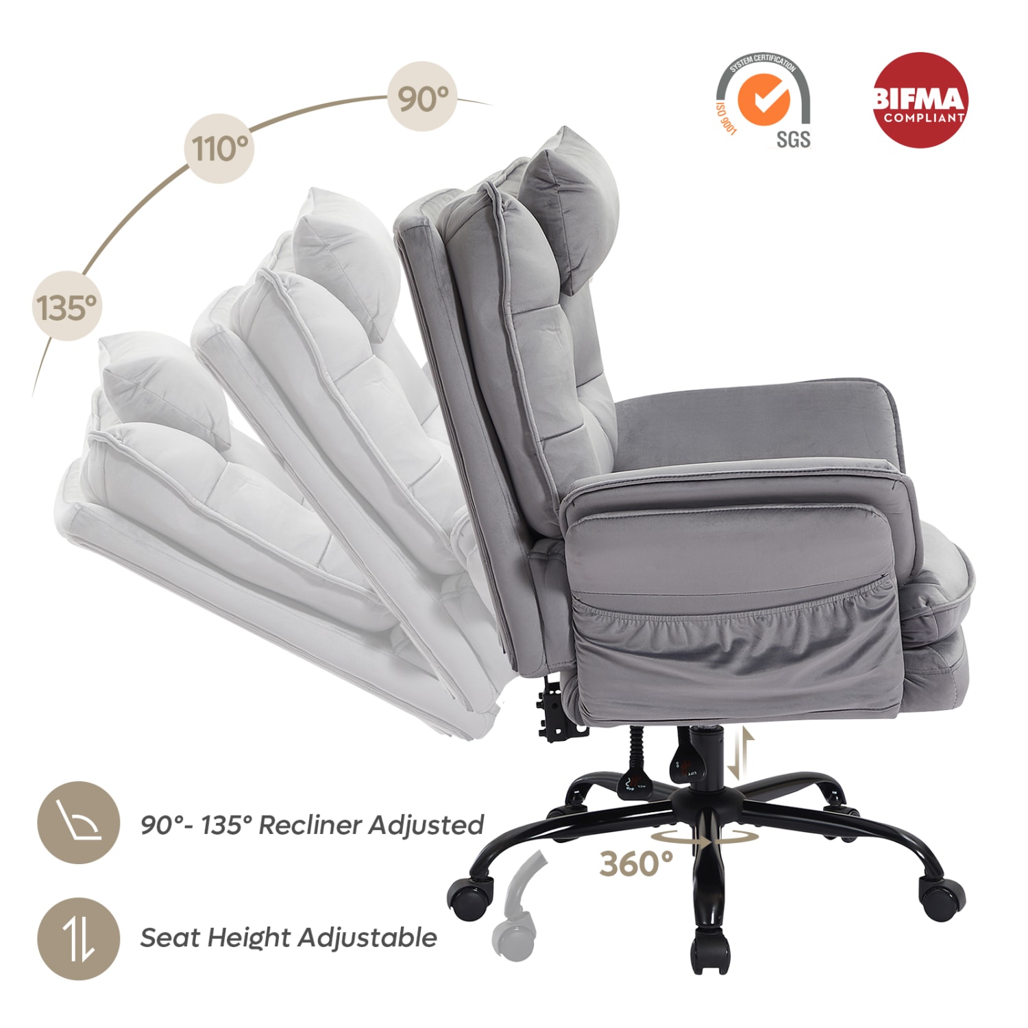 Bestier Ergonomic Velvet High-Back Executive Office Chair, Gray - Image 4
