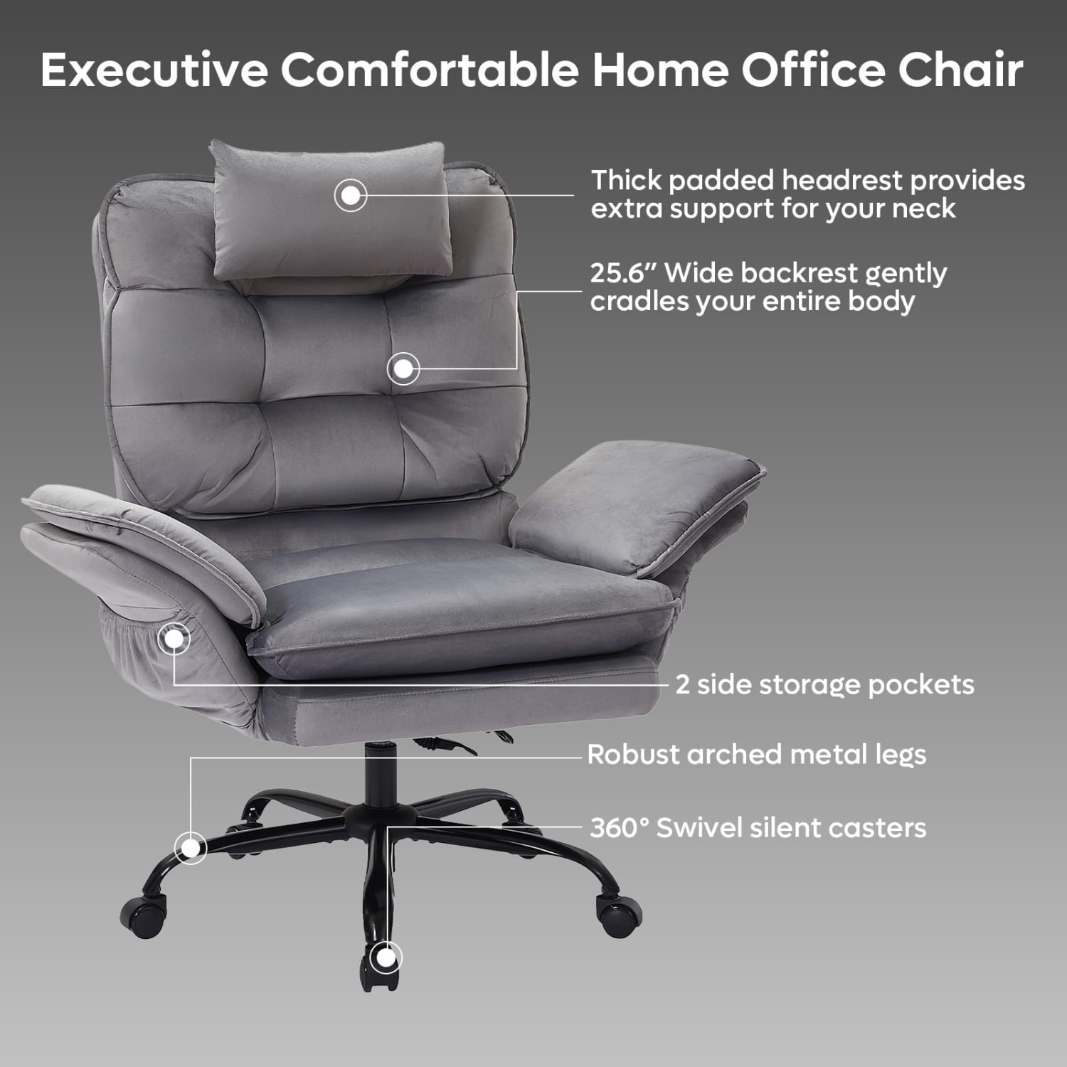 Bestier Ergonomic Velvet High-Back Executive Office Chair, Gray - Image 6