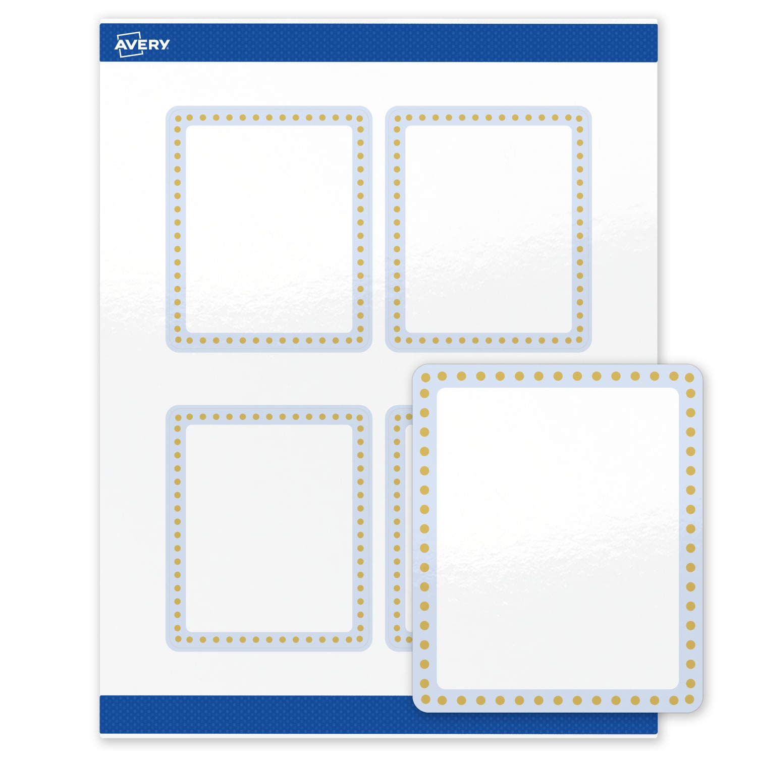 Avery Print-To-The-Edge Labels & Sure Feed, S00-DMC-PRWGP10, 4in x 3-1/3in, Glossy White, Preprinted Blue Border & Gold Dots Design, Pack Of 40 - Image 3