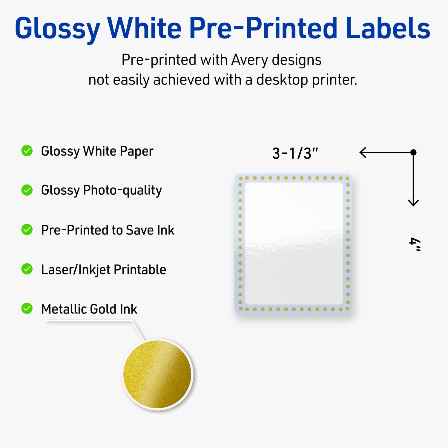 Avery Print-To-The-Edge Labels & Sure Feed, S00-DMC-PRWGP10, 4in x 3-1/3in, Glossy White, Preprinted Blue Border & Gold Dots Design, Pack Of 40 - Image 4