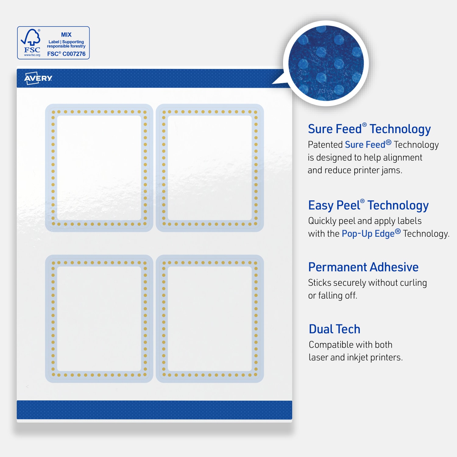 Avery Print-To-The-Edge Labels & Sure Feed, S00-DMC-PRWGP10, 4in x 3-1/3in, Glossy White, Preprinted Blue Border & Gold Dots Design, Pack Of 40 - Image 5