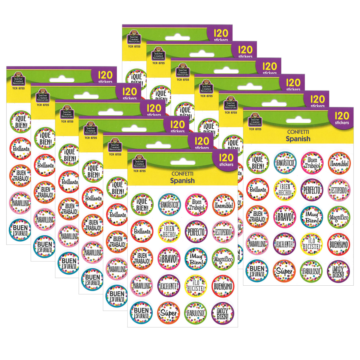 Teacher Created Resources Stickers, Confetti Spanish, 120 Per Pack, Set Of 12 Packs