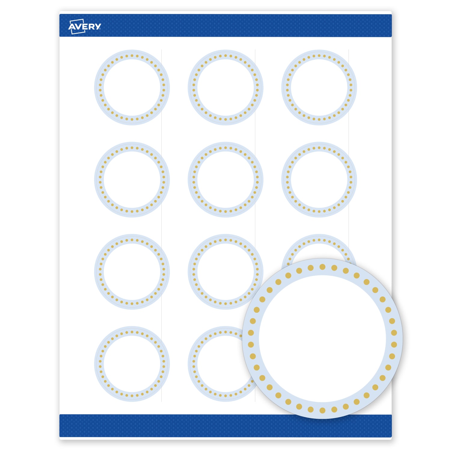 Avery Print-To-The-Edge Labels & Sure Feed, S00-D2G-PRWMP10, 2in Round, Matte White, Preprinted Blue Border & Gold Dots Design, Pack Of 120 - Image 3