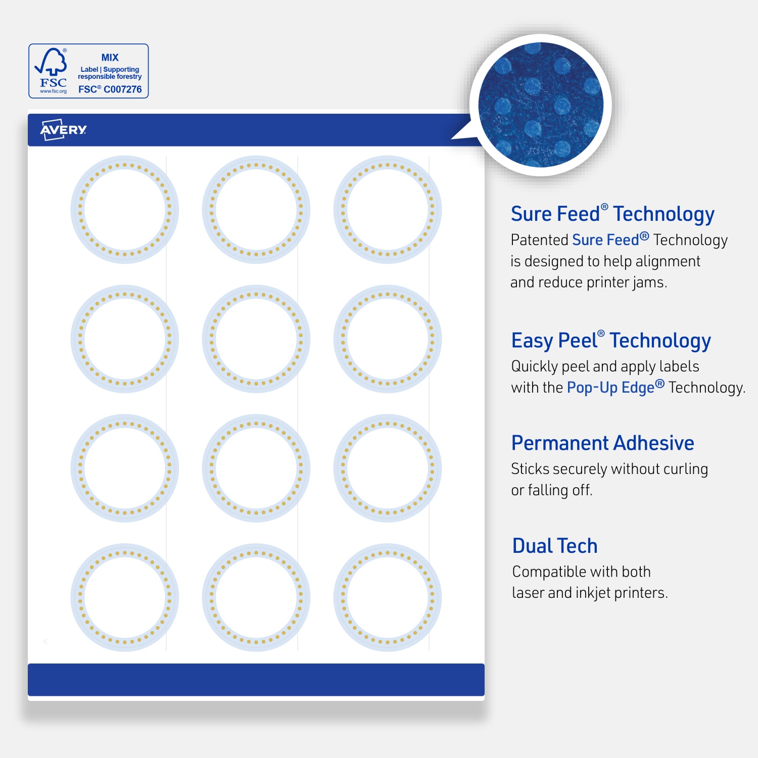Avery Print-To-The-Edge Labels & Sure Feed, S00-D2G-PRWMP10, 2in Round, Matte White, Preprinted Blue Border & Gold Dots Design, Pack Of 120 - Image 5