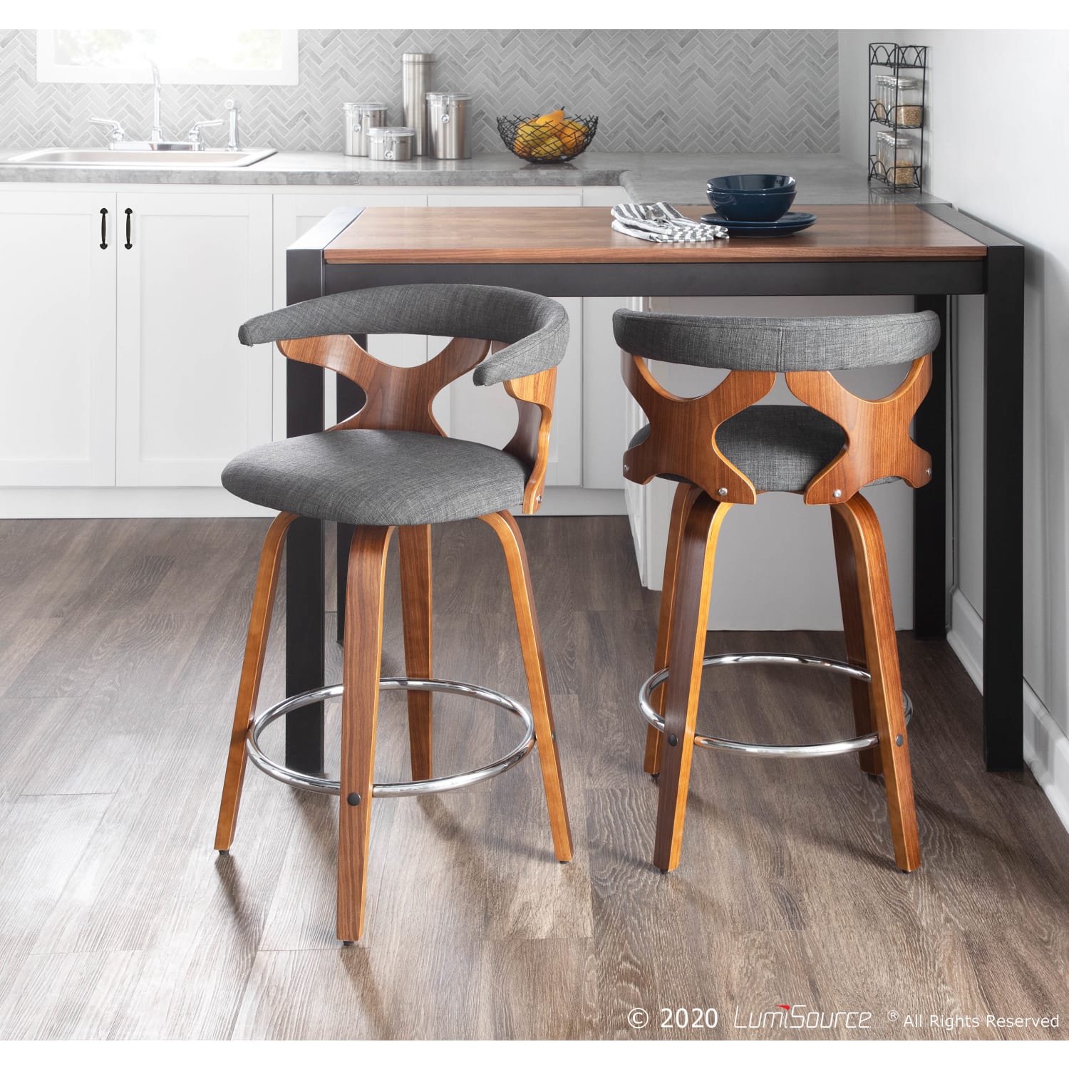 LumiSource Gardenia Mid Century Modern Counter Stools WalnutCharcoal Set Of 2 Stools PopularChairscom