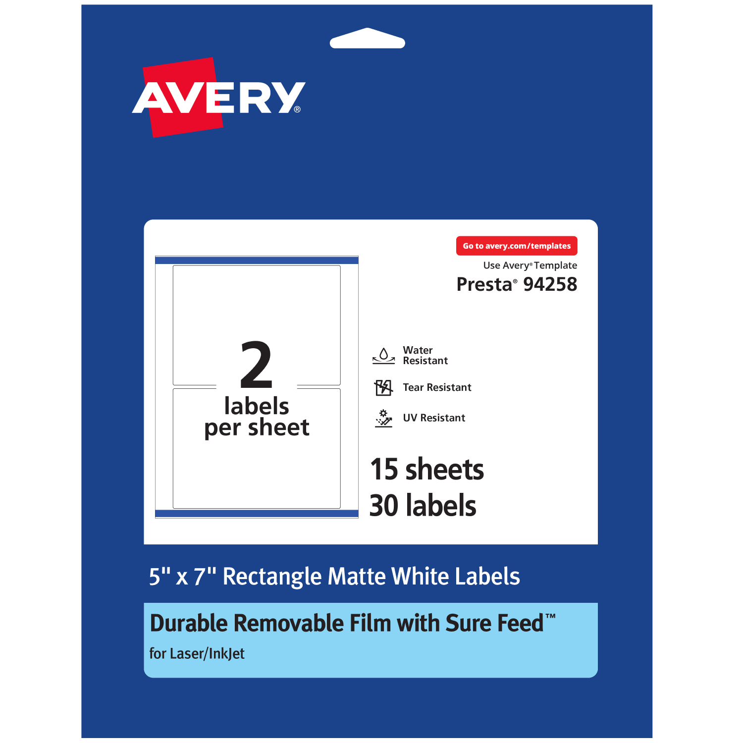 Avery Durable Removable Labels With Sure Feed, 94258-DRF15, Rectangle, 5in x 7in, White, Pack Of 30