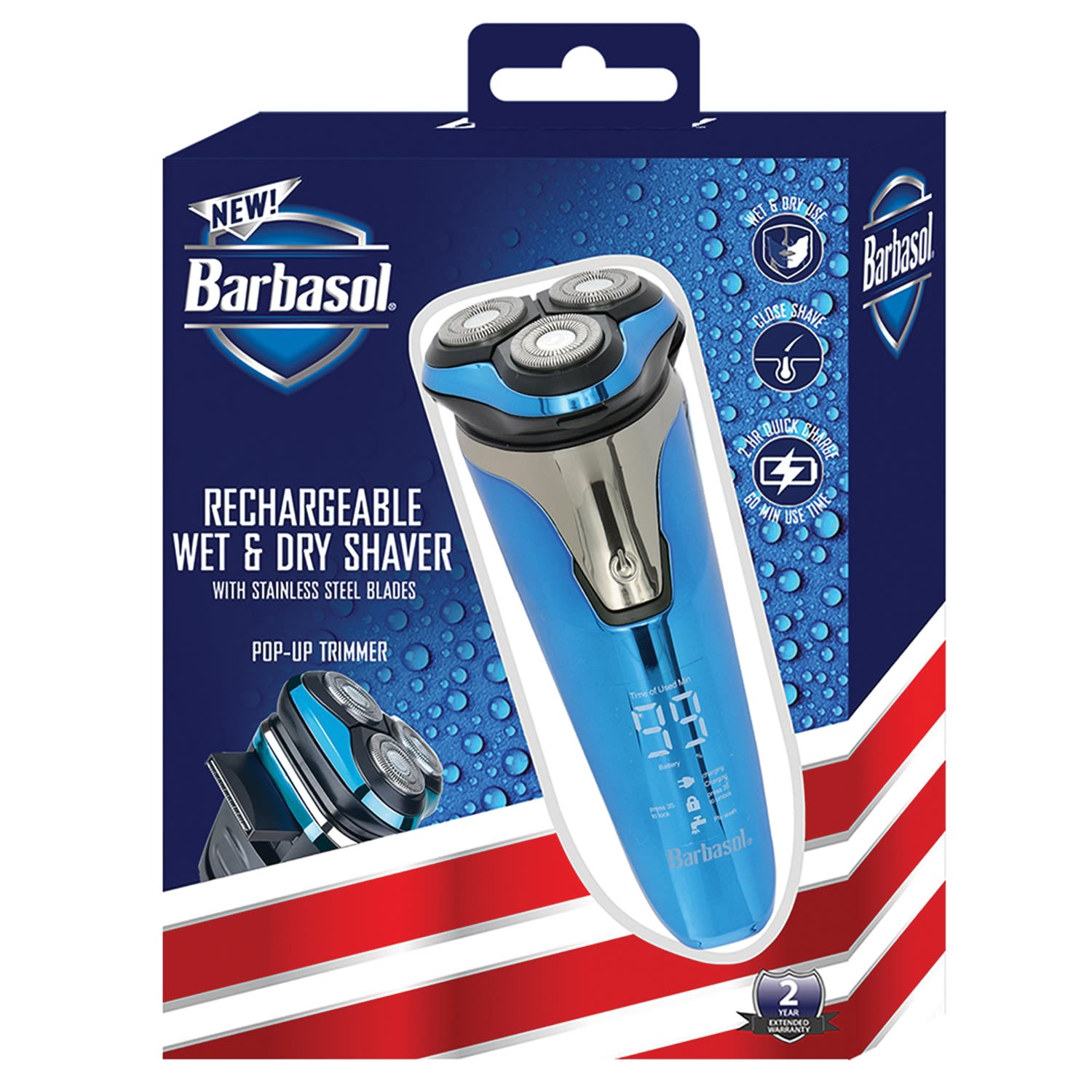 Barbasol Mens Rechargeable Wet/Dry LCD Lithium Rotary Shaver With Pop-Up Trimmer, 2-1/2ft, Blue