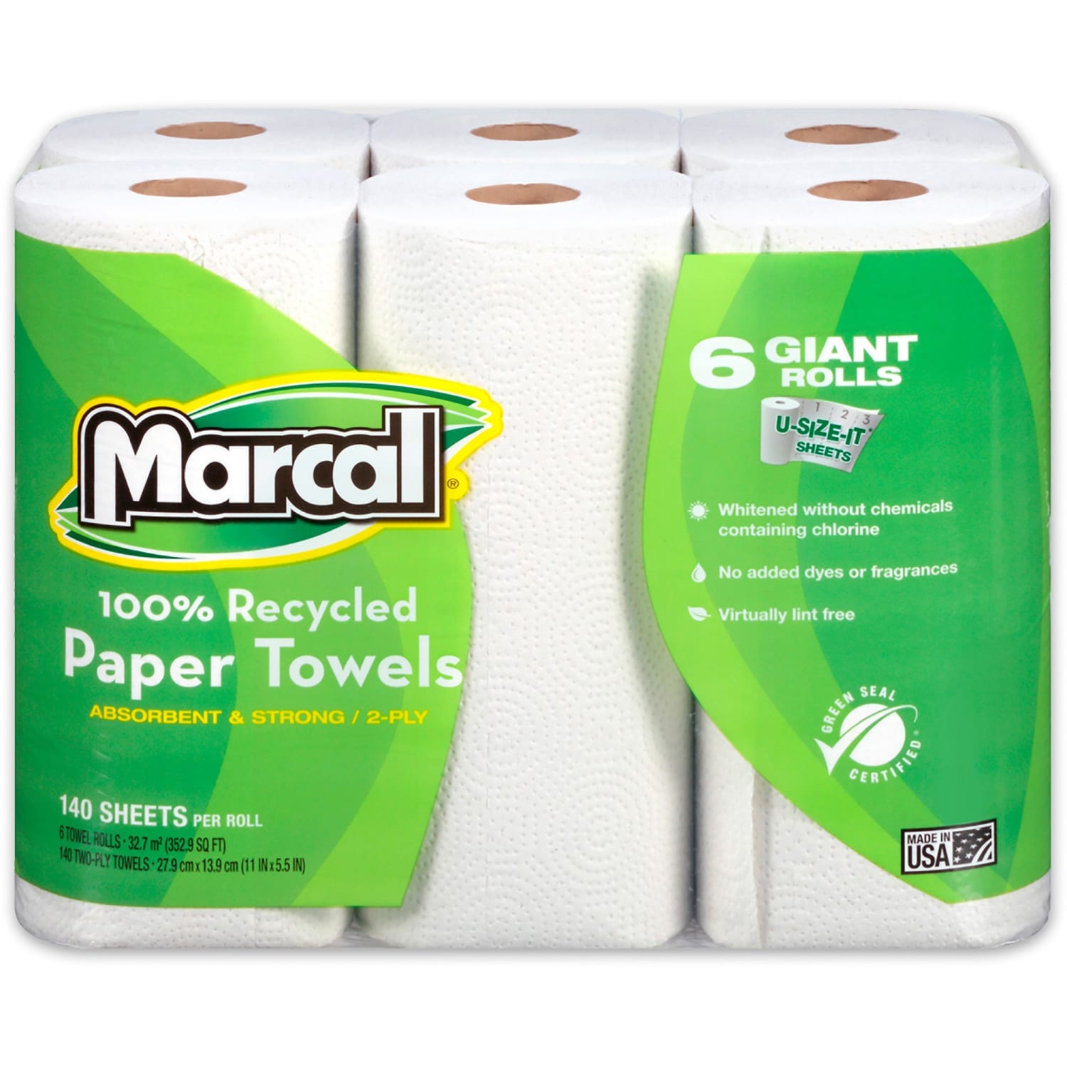Marcal Small Steps U-Size-It 1-Ply Paper Towels, 100% Recycled, 140 Sheets Per Roll, Pack Of 6 Rolls - Image 4