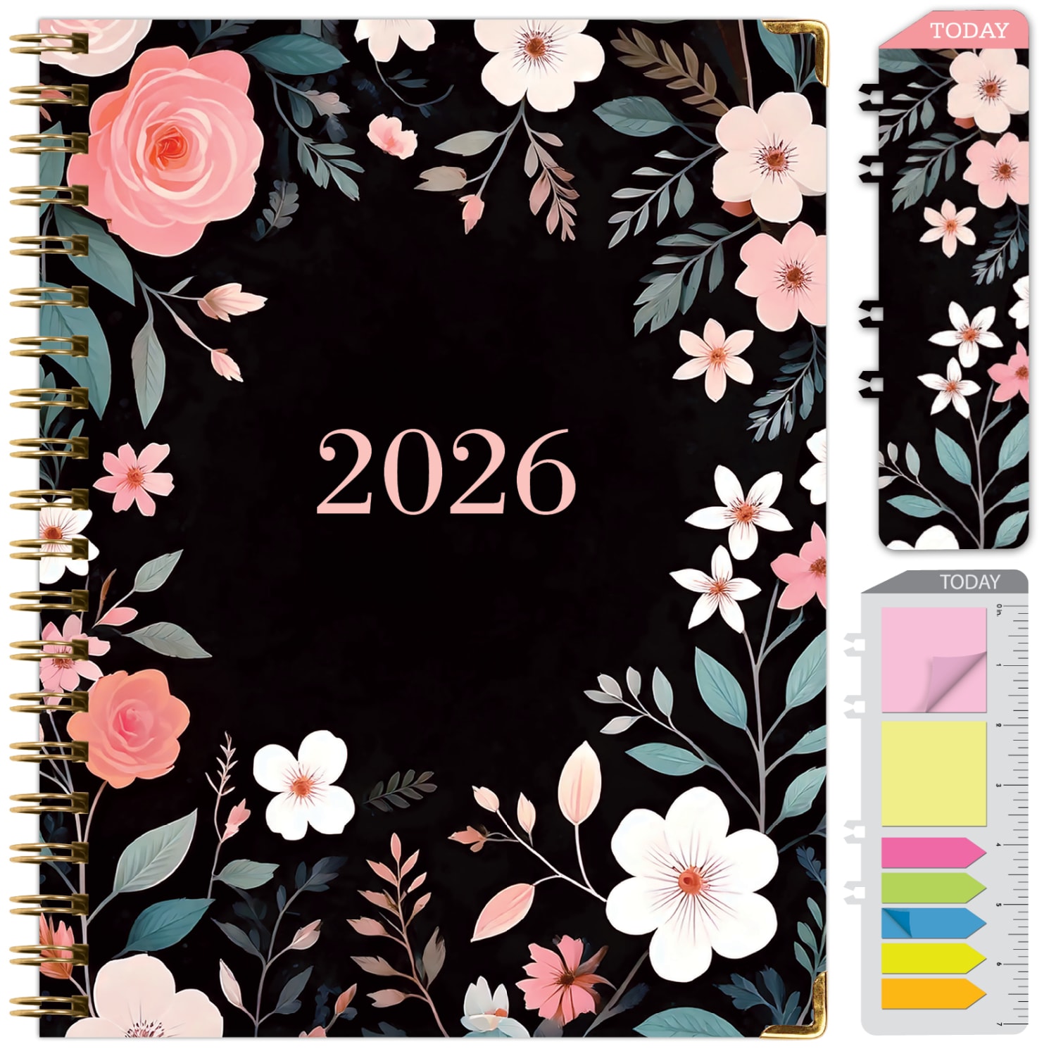2026 Excello Brands Hardcover Fashion Daily/Weekly/Monthly Planner, 8.5in x 11in Black Floral Pink November 2025 - December 2026, (FSHN-CY26-8511-06)