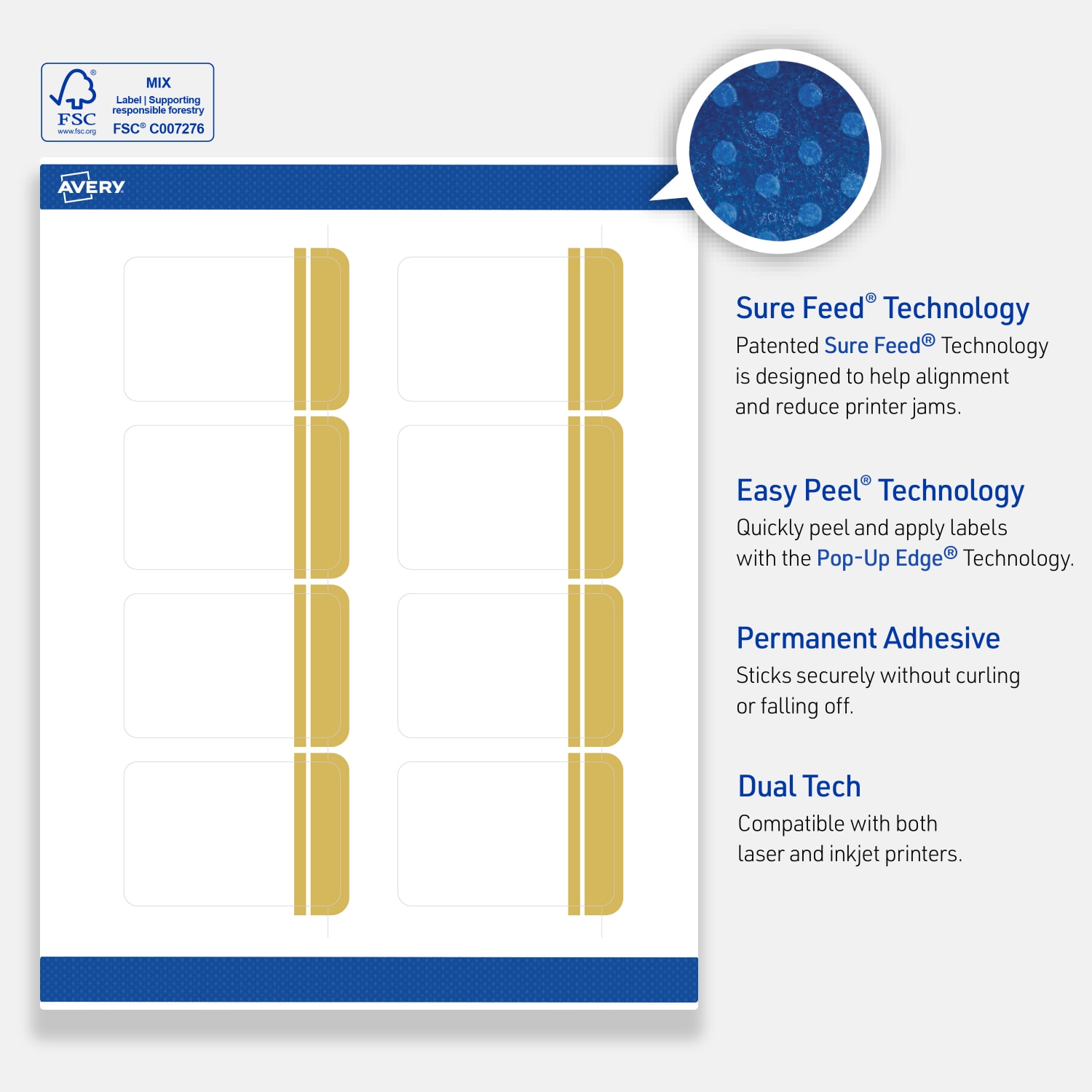 Avery Print-To-The-Edge Labels & Sure Feed, S00-DK9-PRWMP10, 2in x 3in, Matte White, Preprinted Double Dipped Gold Edge Design, Pack Of 80 - Image 5