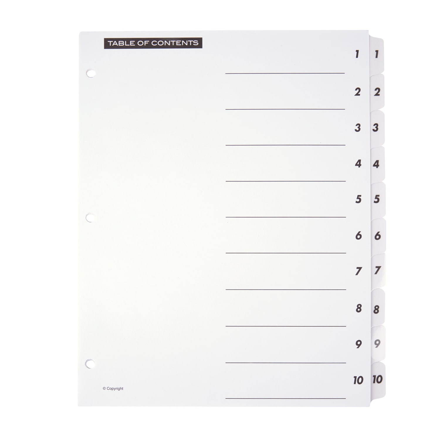 Office Depot Brand Table Of Contents Customizable Index With Preprinted Tabs, White, Numbered 1-10