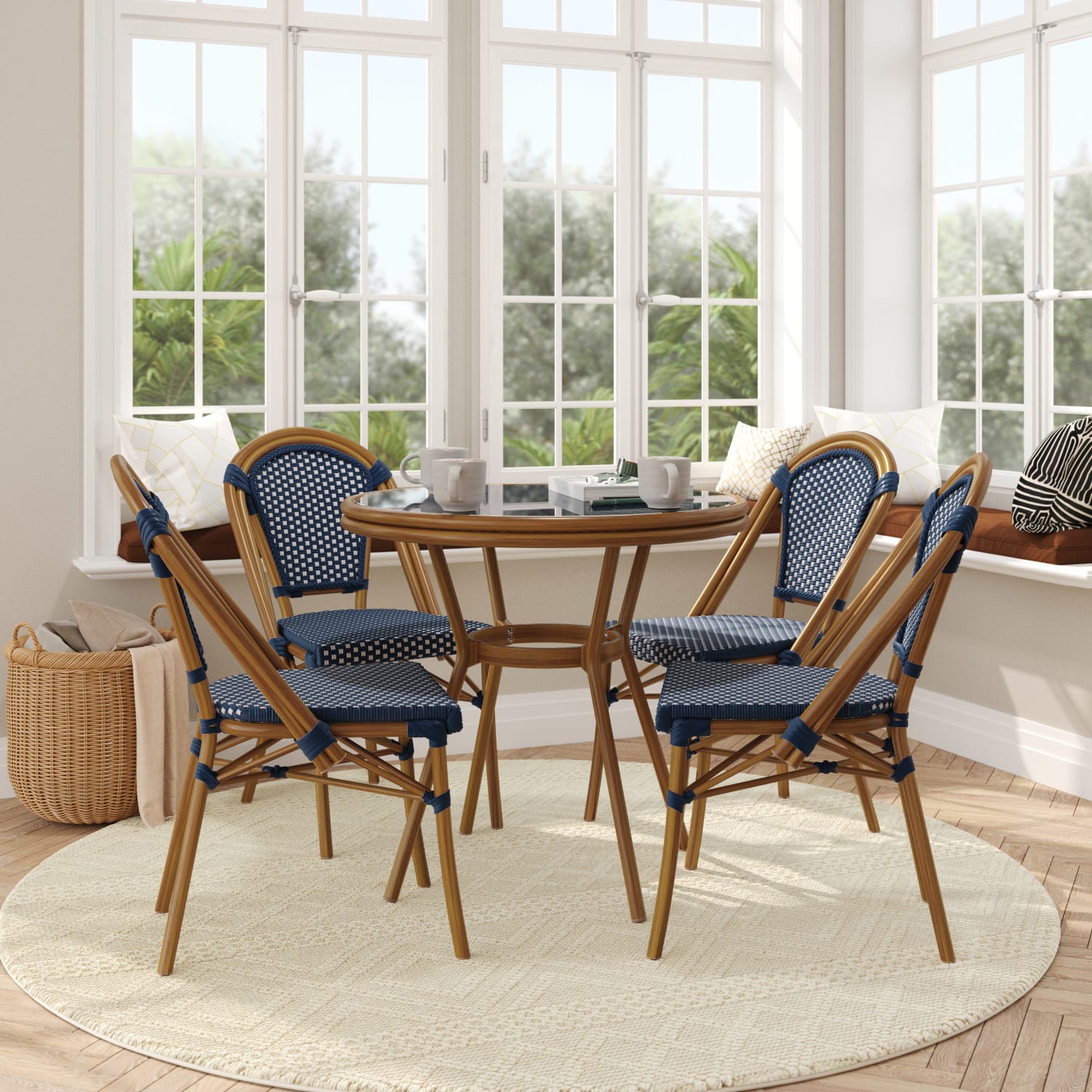 Flash Furniture Bordeaux Indoor/Outdoor Commercial Bistro 31.5in Table, PE Rattan, Glass Top with 4 Stack Chairs, Navy & White Rattan/Natural Frame - Image 3