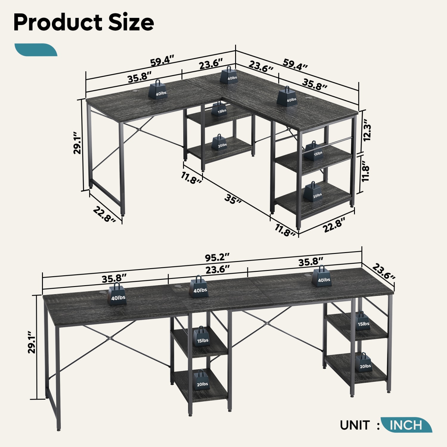 Bestier L-Shaped Corner Computer Desk With Storage Shelf, 3 Cable Holes, 60inW, Charcoal - Image 5