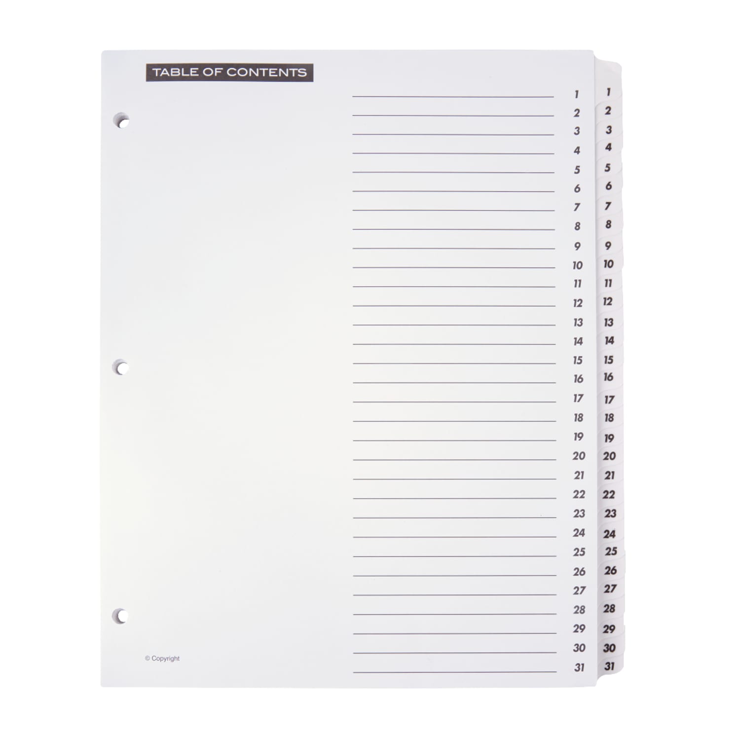 Numbered 1-31