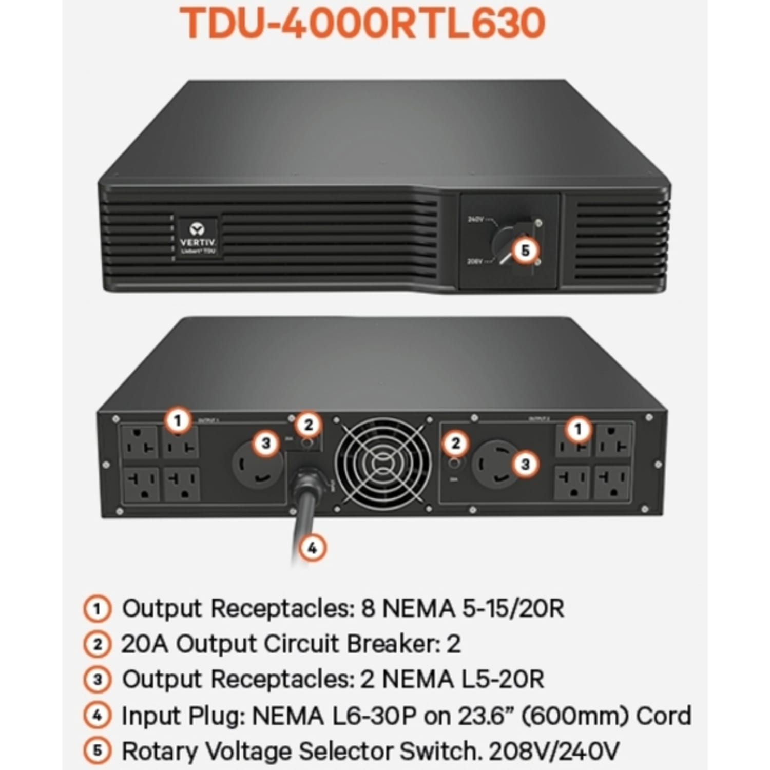 Liebert TDU - Transformer (rack-mountable / external) - AC 200/208/220/230/240 V - 4000 Watt - 4000 VA - output connectors: 10 - 2U - for P/N: GXT5-10KHVRT5UXLN, GXT5-3KL630RT2UXL, GXT5-6KL630RT5UXLN, GXT5-8000HVRT5UXLN - Image 5