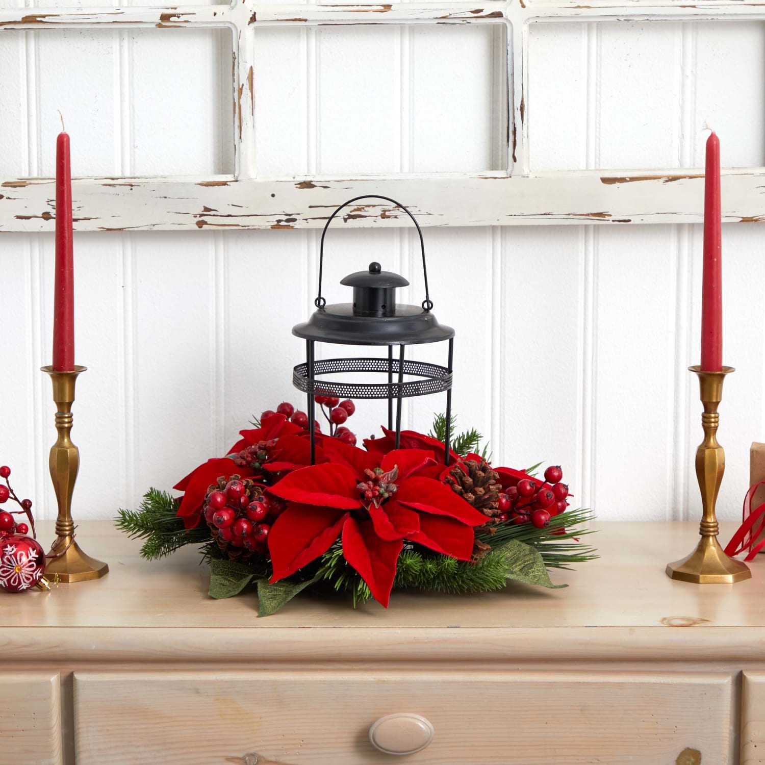 Nearly Natural 13inH Poinsettia Berry Pine Artificial Arrangement Candelabrum, 13inH x 18inW x 18inD, Black/Red - Image 3