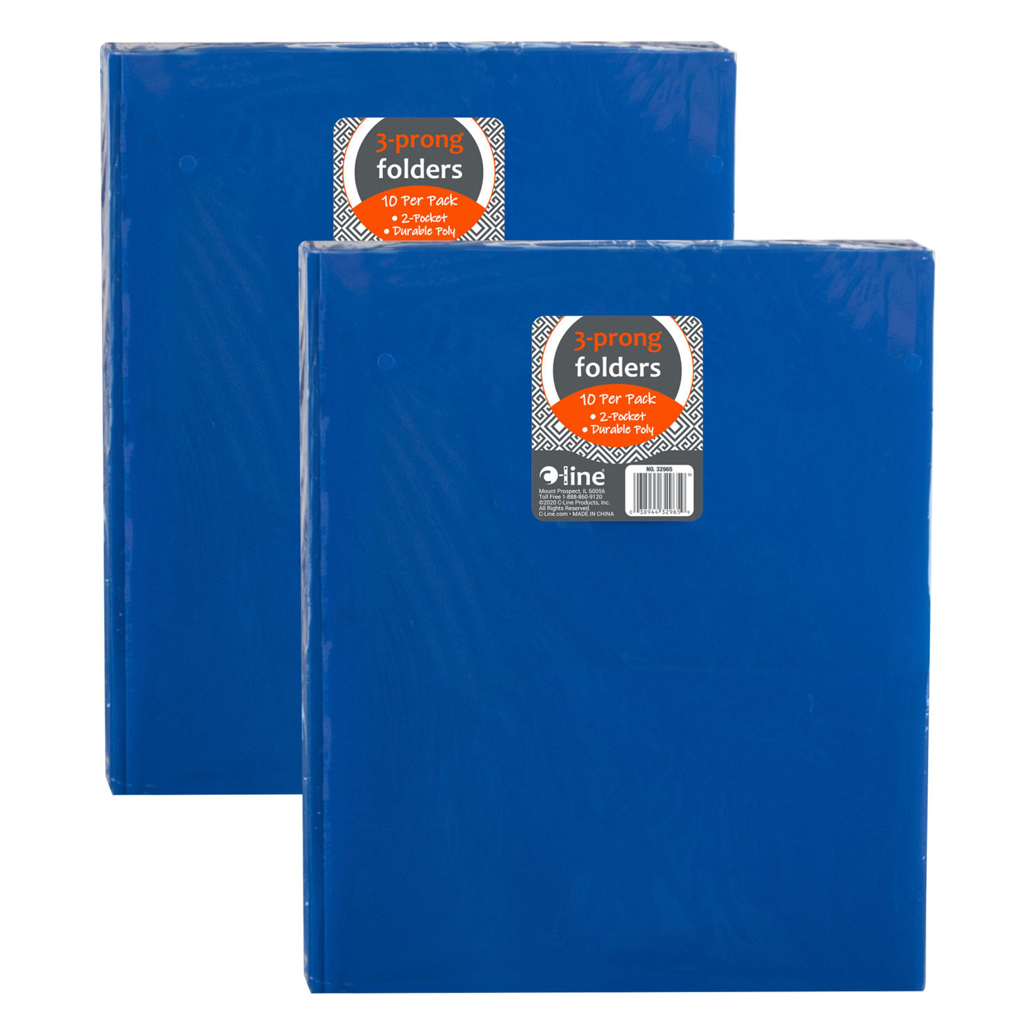 C-Line 2-Pocket Heavyweight Poly Portfolio Folders With Prongs, 8-1/2in x 11in, Blue, 10 Folders Per Pack, Set Of 2 Packs