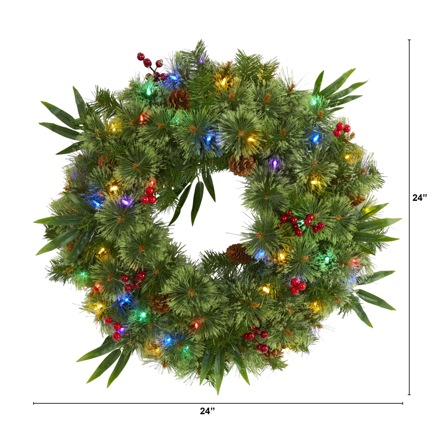 Nearly Natural 24inH Mixed Pine Artificial Christmas Wreath With 50 Multicolor LED Lights, Berries And Pine Cones, 24in x 5in, Green - Image 3