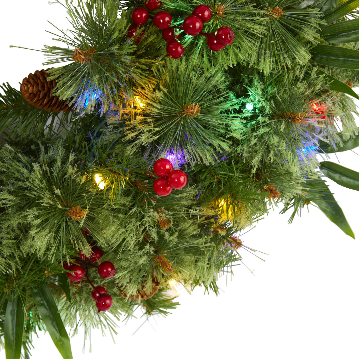 Nearly Natural 24inH Mixed Pine Artificial Christmas Wreath With 50 Multicolor LED Lights, Berries And Pine Cones, 24in x 5in, Green - Image 4