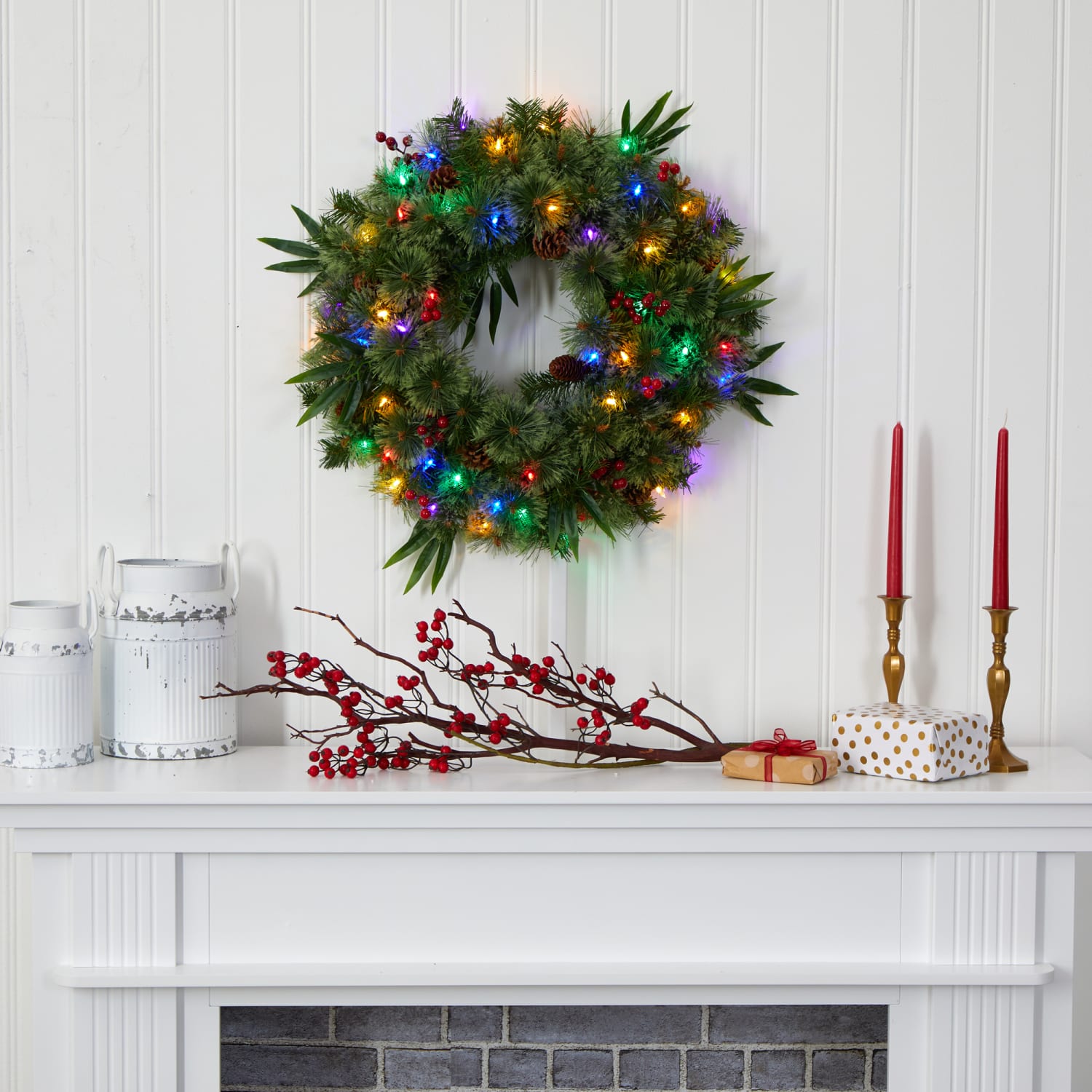 Nearly Natural 24inH Mixed Pine Artificial Christmas Wreath With 50 Multicolor LED Lights, Berries And Pine Cones, 24in x 5in, Green - Image 5