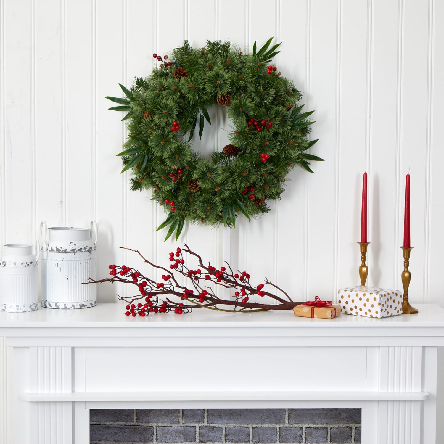 Nearly Natural 24inH Mixed Pine Artificial Christmas Wreath With 50 Multicolor LED Lights, Berries And Pine Cones, 24in x 5in, Green - Image 6