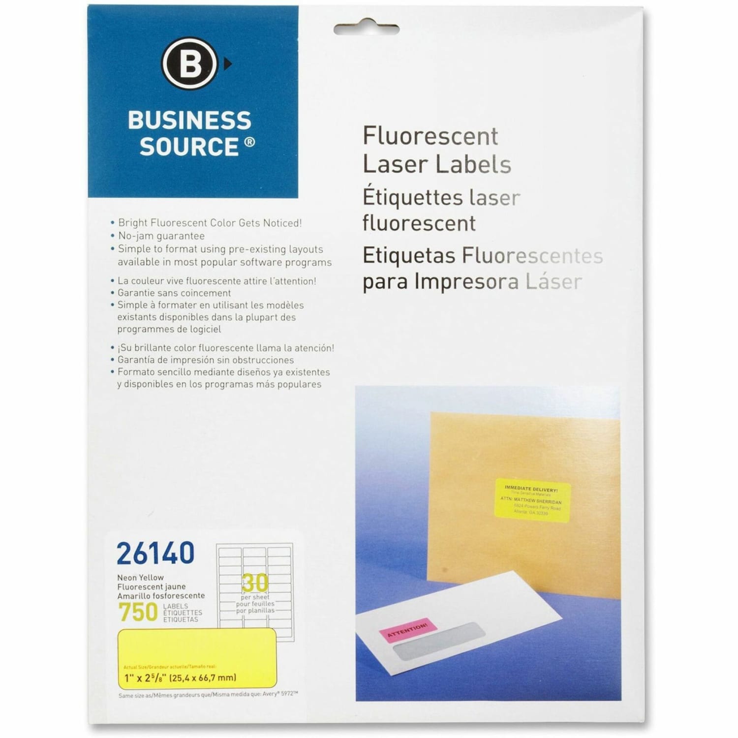Business Source Neon Labels - 1inx 2 5/8in - Permanent Adhesive - Rectangle - Laser - Neon Yellow - 30/Sheet - Jam-free, Pressure Sensitive - 750/Pack