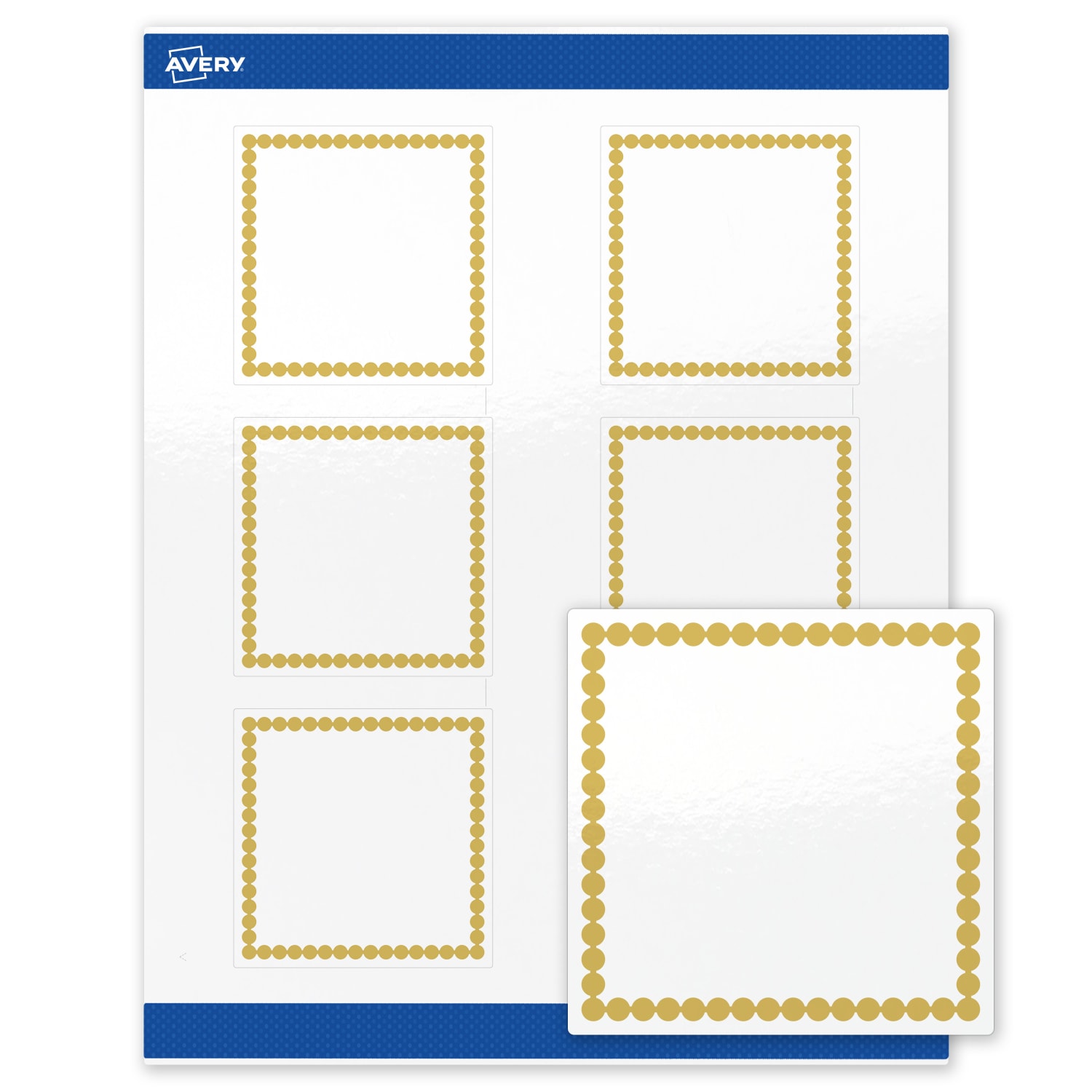 Avery Print-To-The-Edge Labels With Sure Feed Technology, S00-DJB-PRWGP10, Square, 3in x 3in, Glossy White, Preprinted Gold Beads Design, Pack Of 60 - Image 3