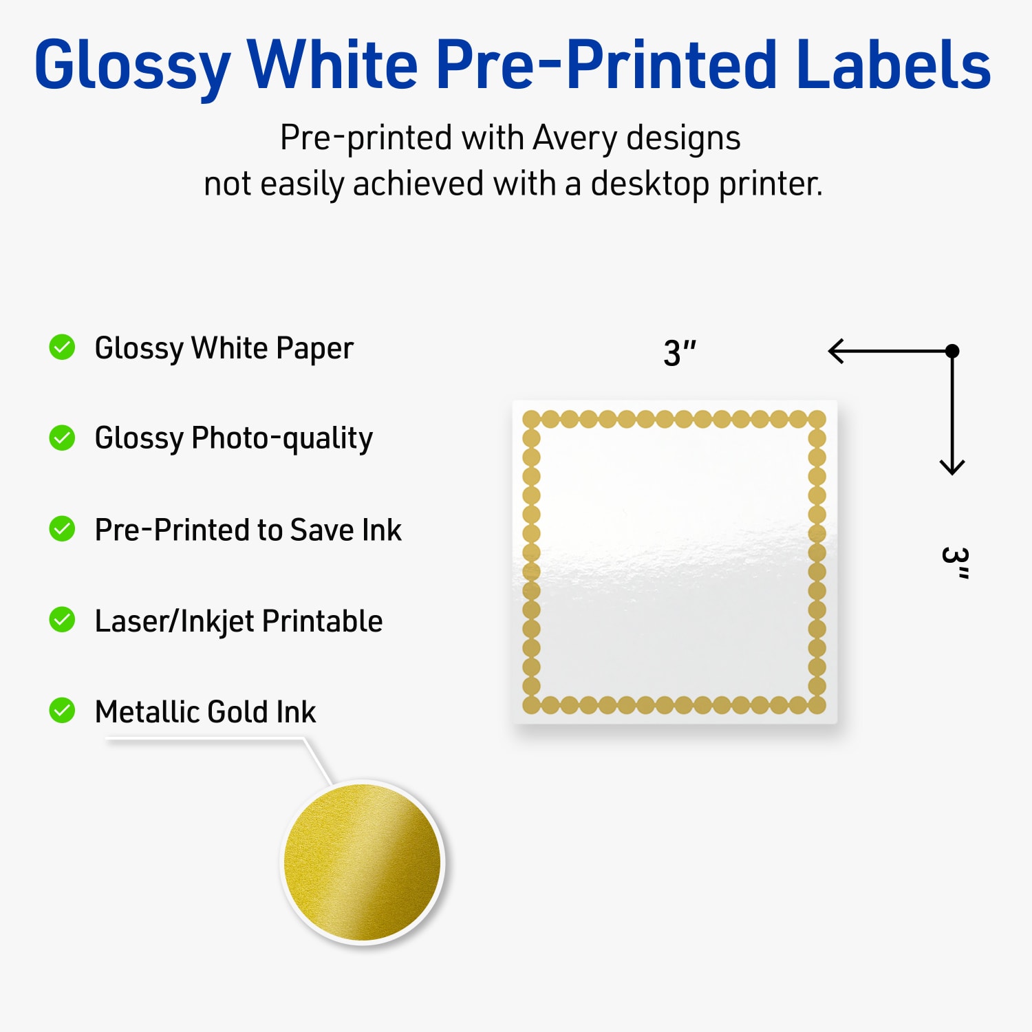 Avery Print-To-The-Edge Labels With Sure Feed Technology, S00-DJB-PRWGP10, Square, 3in x 3in, Glossy White, Preprinted Gold Beads Design, Pack Of 60 - Image 4