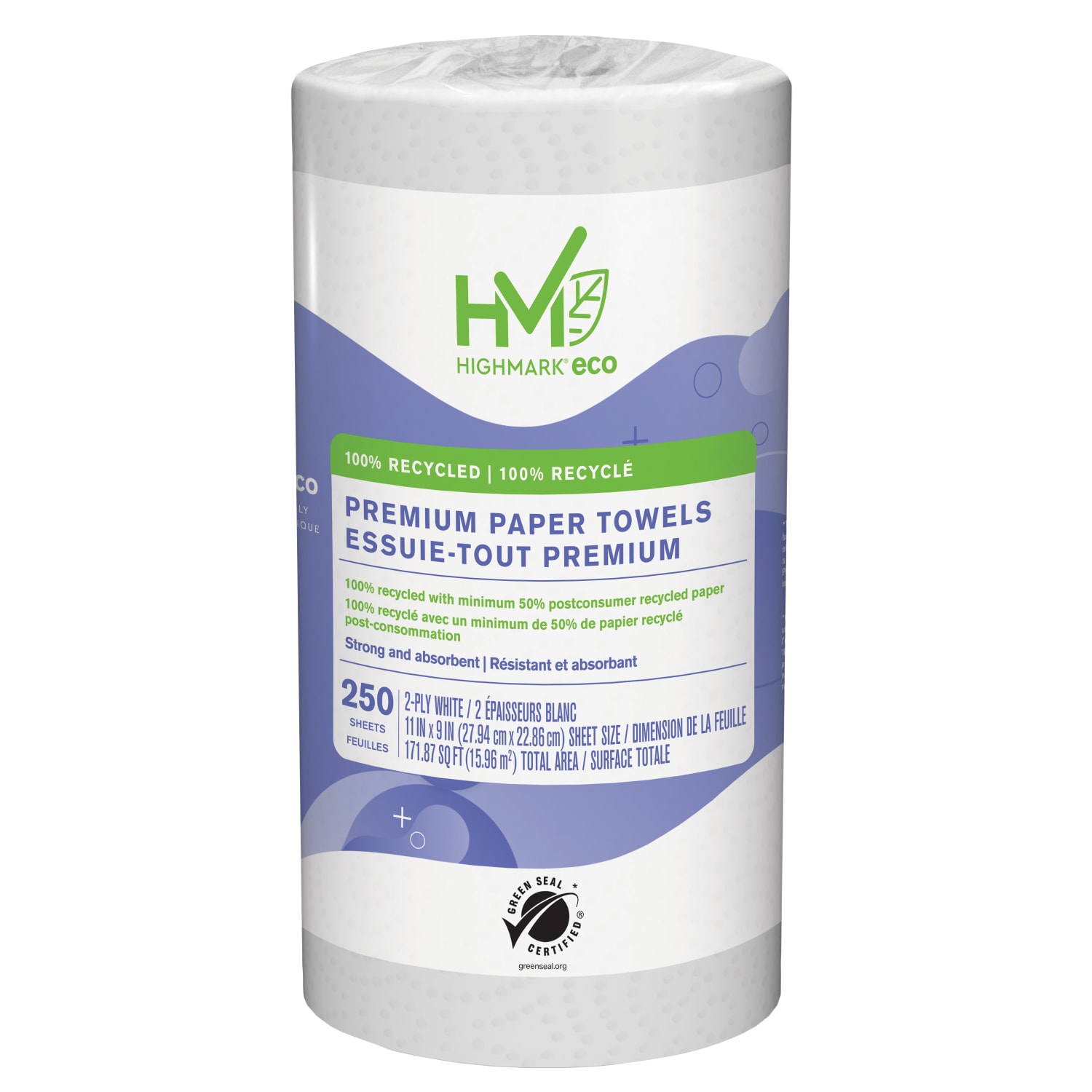 Highmark ECO 2-Ply Premium Paper Towels, 9in x 11in, 100% Recycled, 250 Sheets Per Roll, Pack of 12 Rolls - Image 3