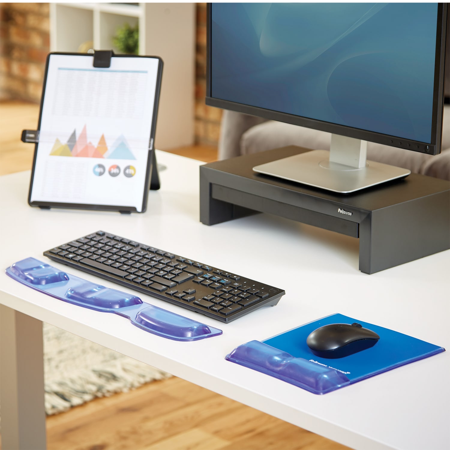 Fellowes Mouse Pad and Health-V Gel Palm Support, Microban Protection, 0.88in H x 8.25inW  x 9.88in D, Blue - Image 4
