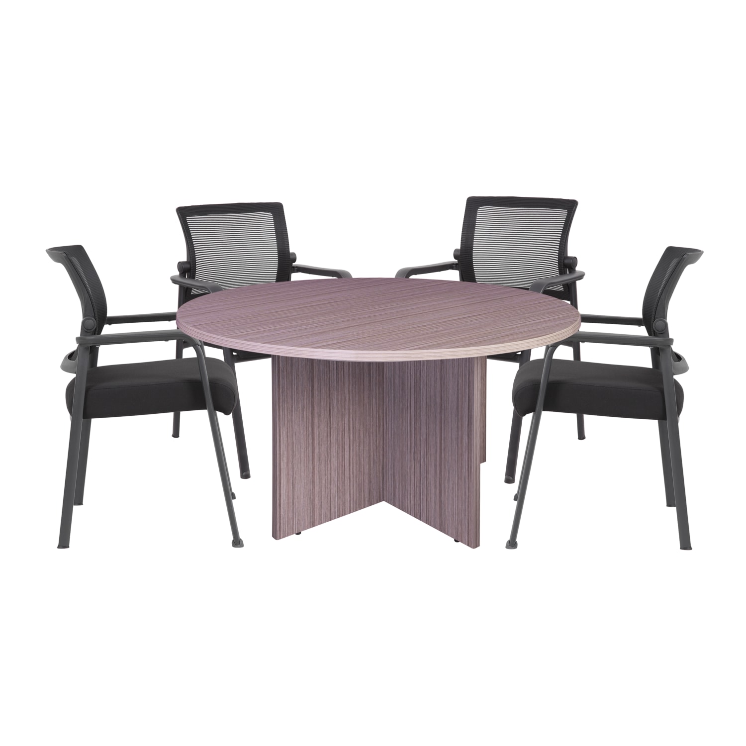 Boss Office Products 47in Round Table And Mesh Guest Chairs Set, Driftwood/Black