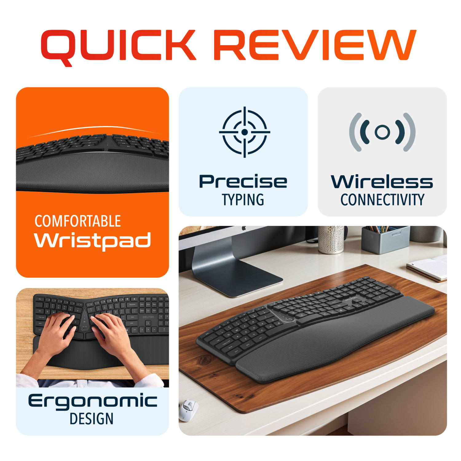 Delton KB250 Wireless Ergonomic Keyboard, Black - Image 4