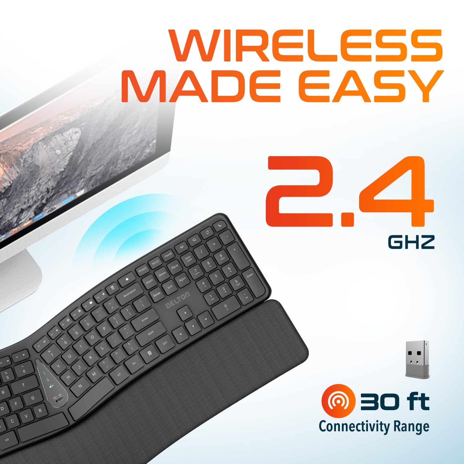 Delton KB250 Wireless Ergonomic Keyboard, Black - Image 5