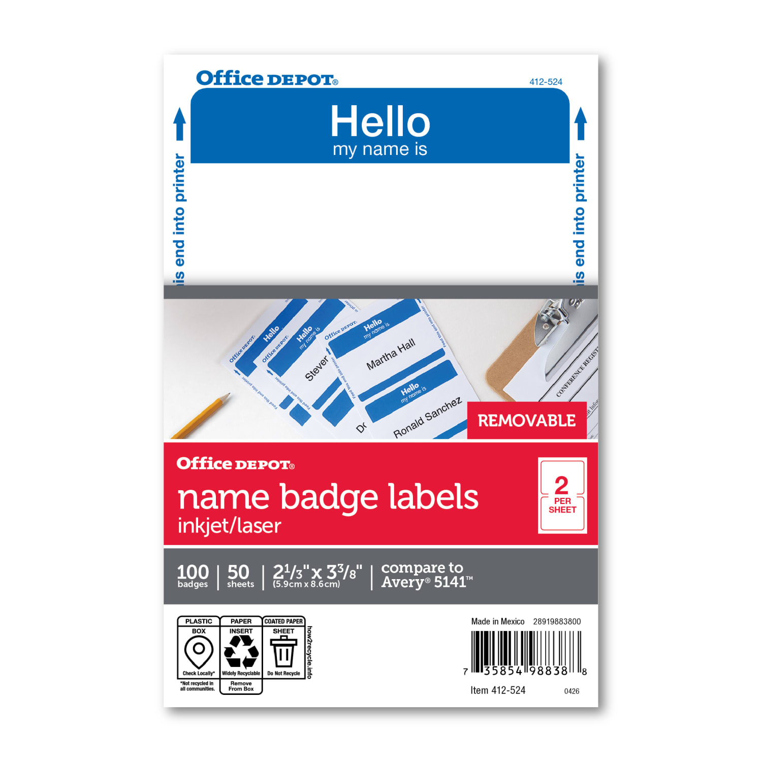 Office Depot Brand Hello Name Badge Labels, 2 11/32in x 3 3/8in, Blue Border, Pack Of 100