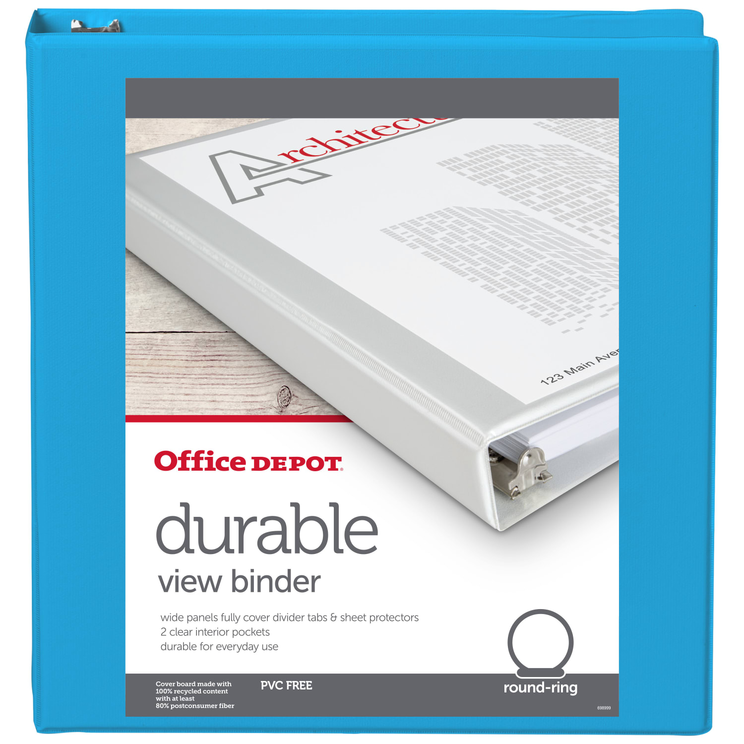 Office Depot Brand 49% Recycled Durable View Round-Ring Binders, 1-1/2in Round Rings, Blue - Image 3