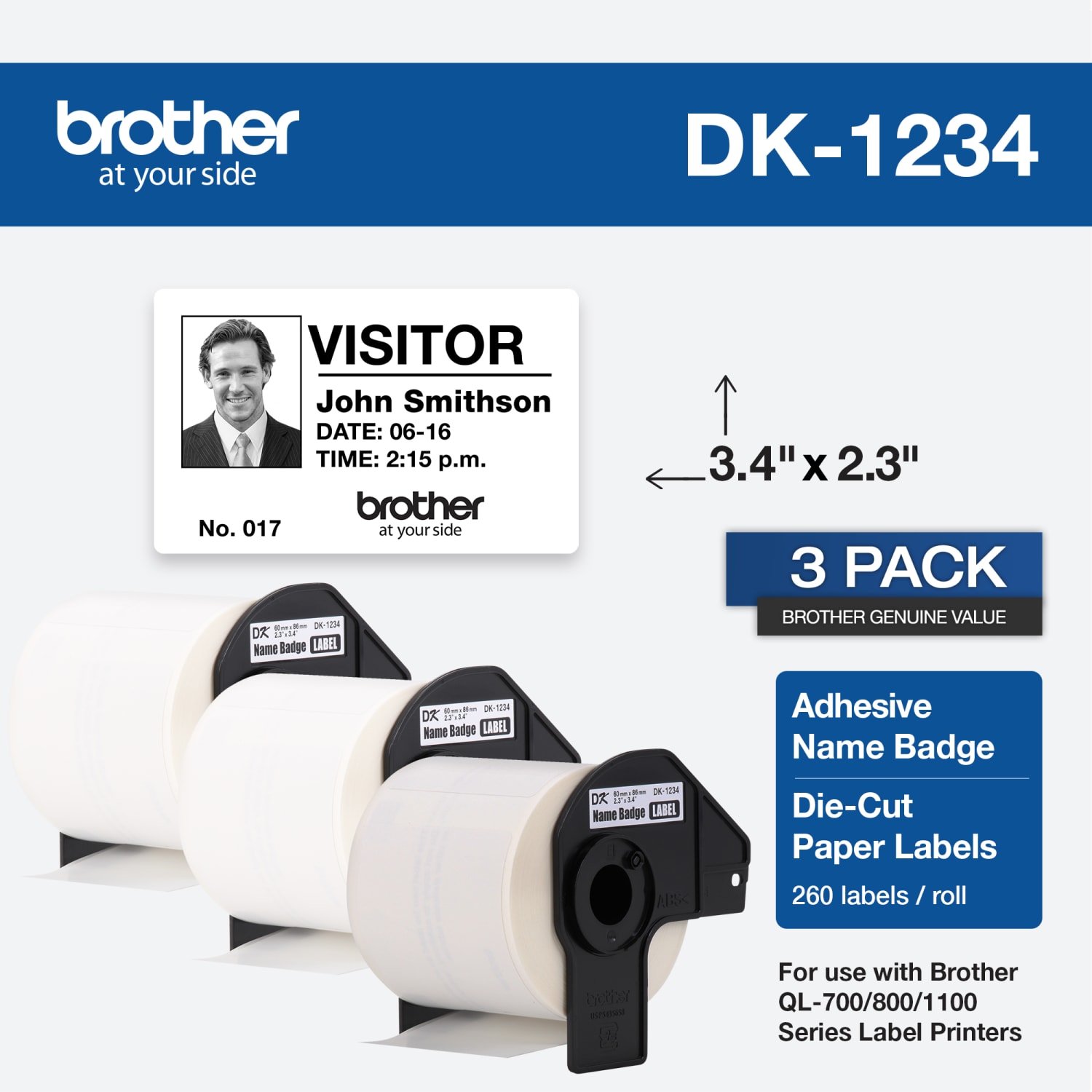 Brother Genuine DK-12343PK Die-Cut Name Badge Paper Labels, 2-5/16in x 3-7/16in, White, 260 Labels Per Roll, Box Of 3 Rolls - Image 3