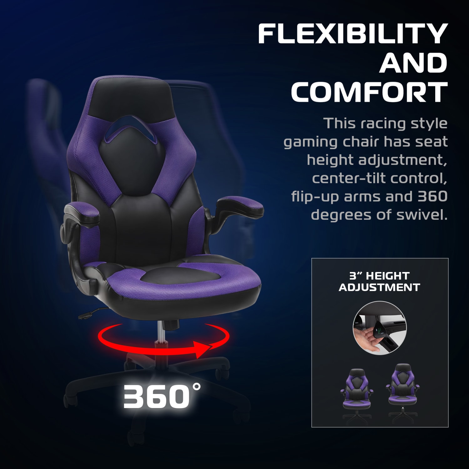 Respawn Racing Style Ergonomic Bonded Leather Computer Gaming Chair, Purple - Image 5