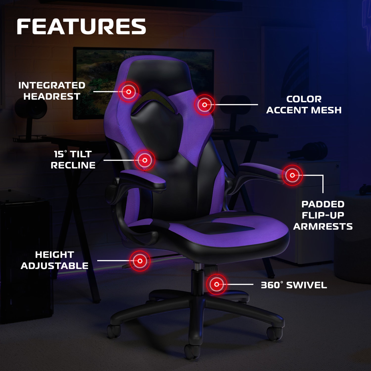 Respawn Racing Style Ergonomic Bonded Leather Computer Gaming Chair, Purple - Image 7