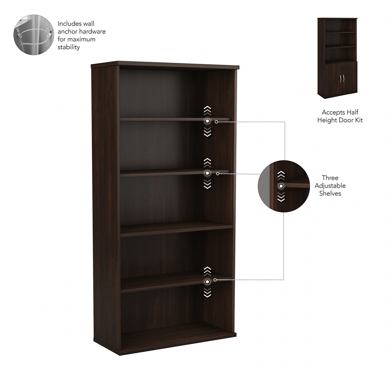 Bush Business Furniture Studio C 73inH 5-Shelf Bookcase With Doors, Black Walnut, Standard Delivery - Image 4
