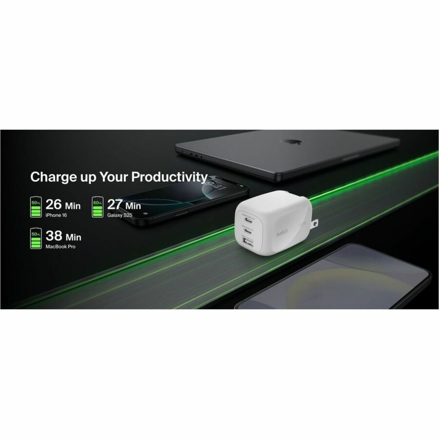 Belkin 100W GaN 3-Port USB Wall Charger - 1xUSB-A, 2xUSB-C - Foldable Prongs - Power Adapter - White - 100 W - White - Image 5