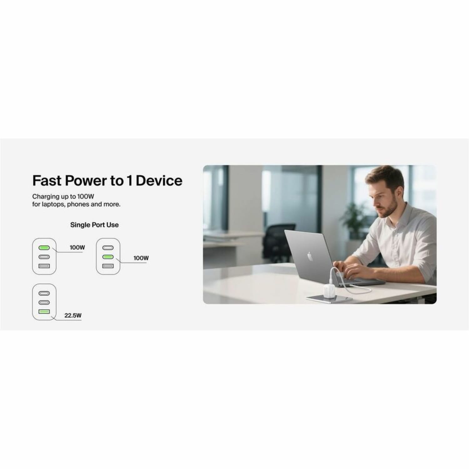 Belkin 100W GaN 3-Port USB Wall Charger - 1xUSB-A, 2xUSB-C - Foldable Prongs - Power Adapter - White - 100 W - White - Image 6