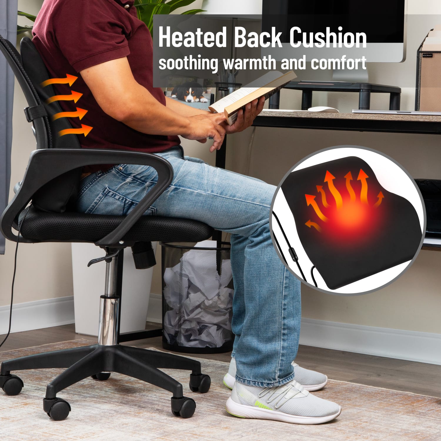 Mind Reader Ergonomic Heated Air-Cloud Lumbar Cushion, 18-1/2inH x 5inW x 14-1/2inD, Black - Image 4