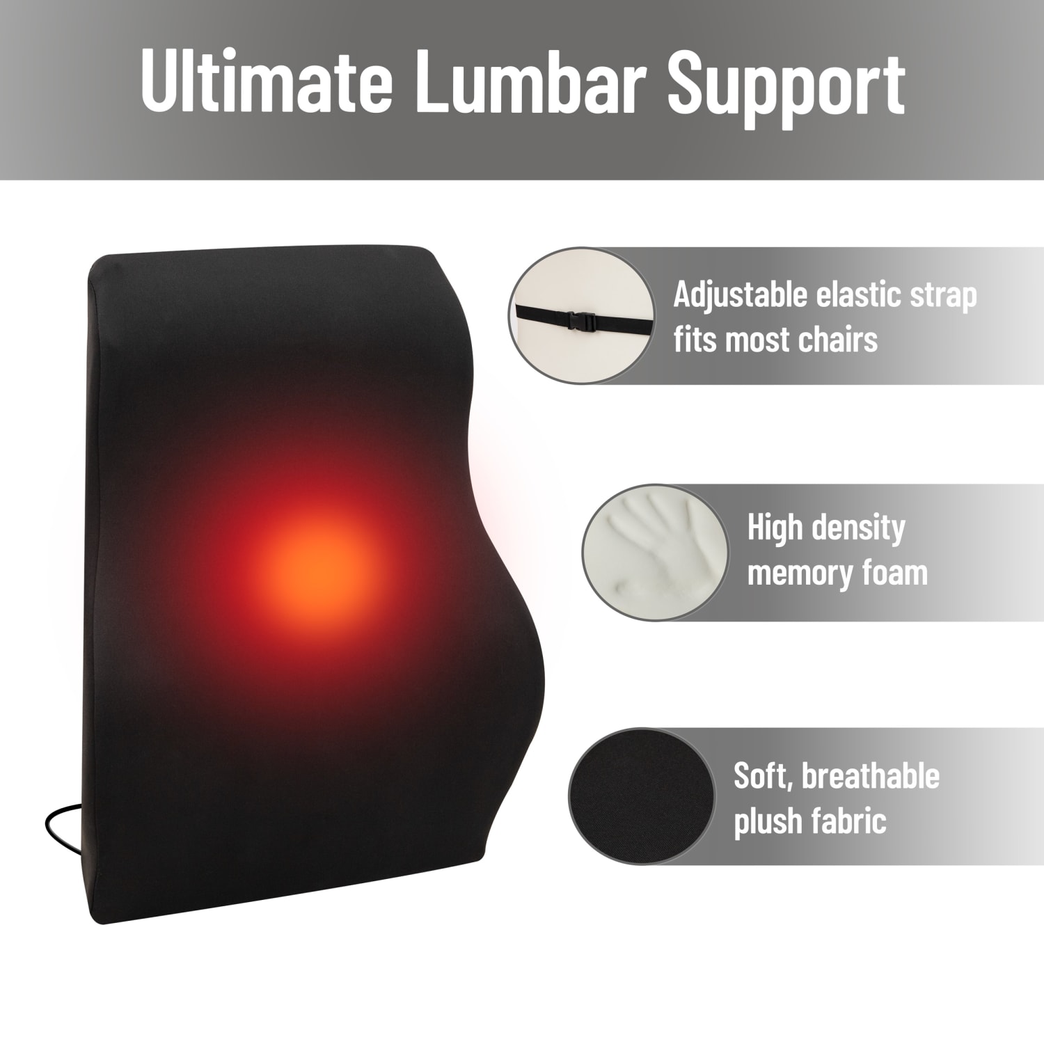 Mind Reader Ergonomic Heated Air-Cloud Lumbar Cushion, 18-1/2inH x 5inW x 14-1/2inD, Black - Image 6