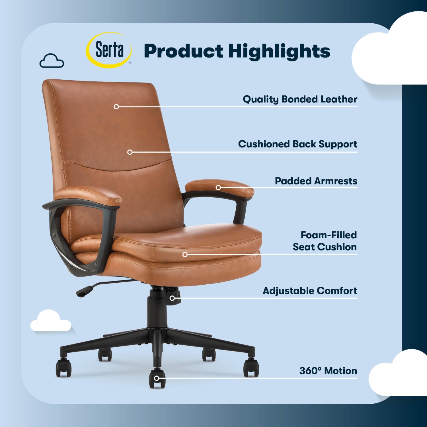 Serta Comfort Modern Ergonomic Bonded Leather High-Back Executive Office Chair, Cognac - Image 5