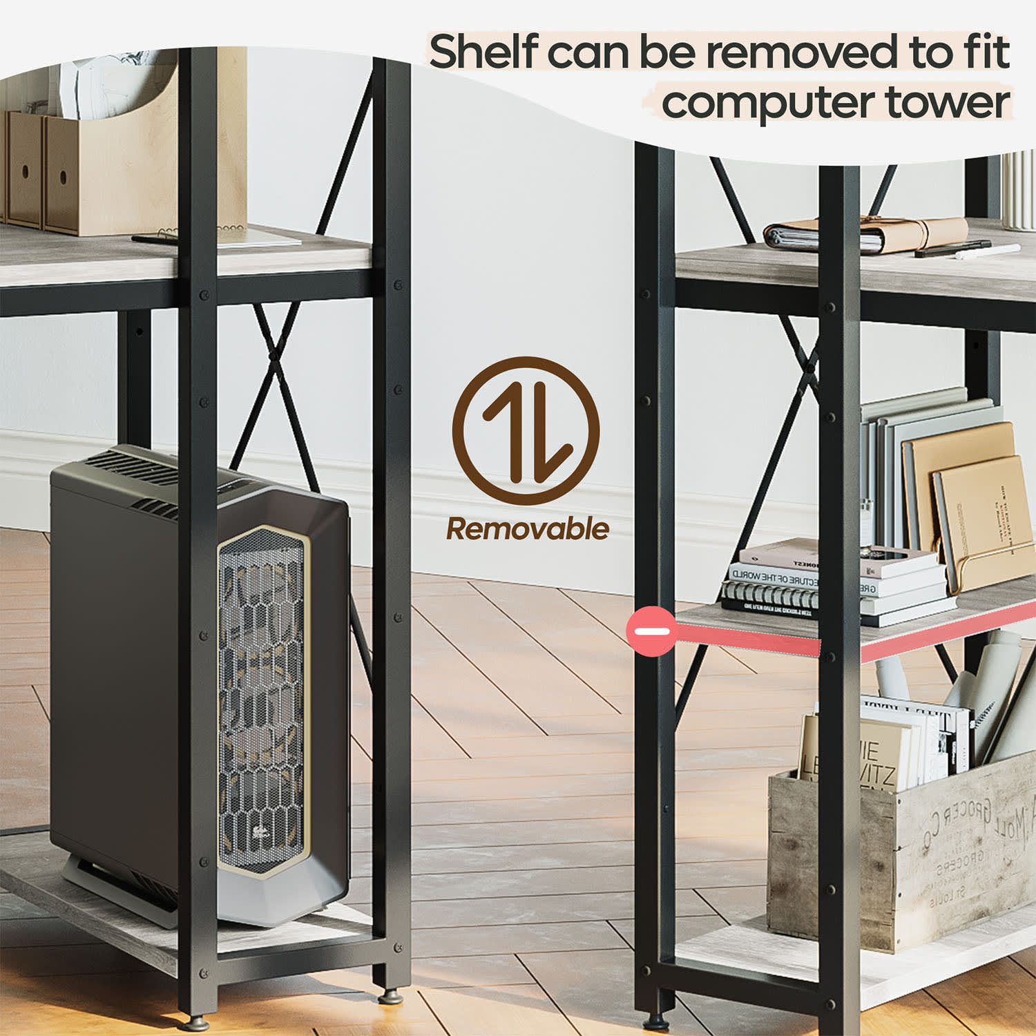 Bestier Modern Office Desk With Storage Shelf & Headset Hook, 56inW, Retro Gray Oak Light - Image 3