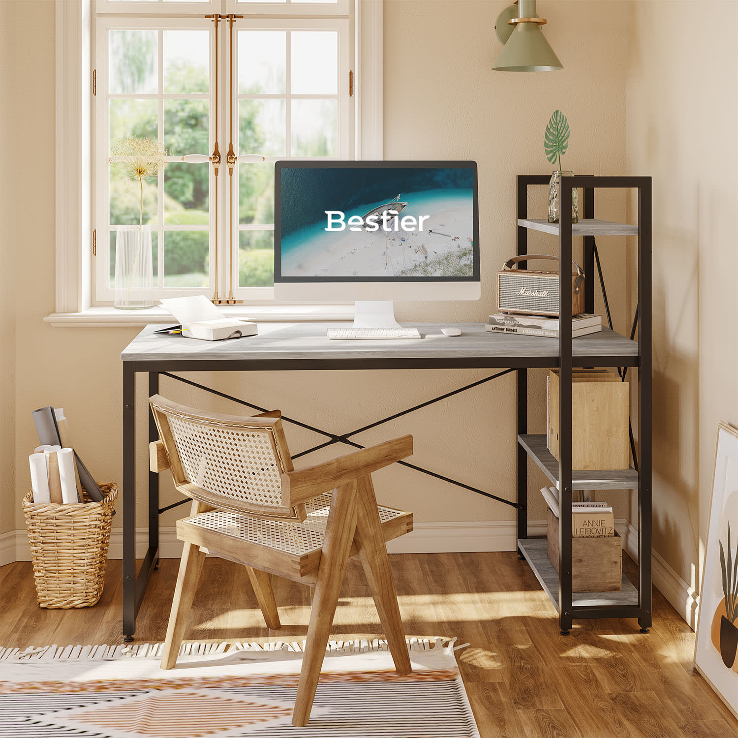 Bestier Modern Office Desk With Storage Shelf & Headset Hook, 56inW, Retro Gray Oak Light - Image 6