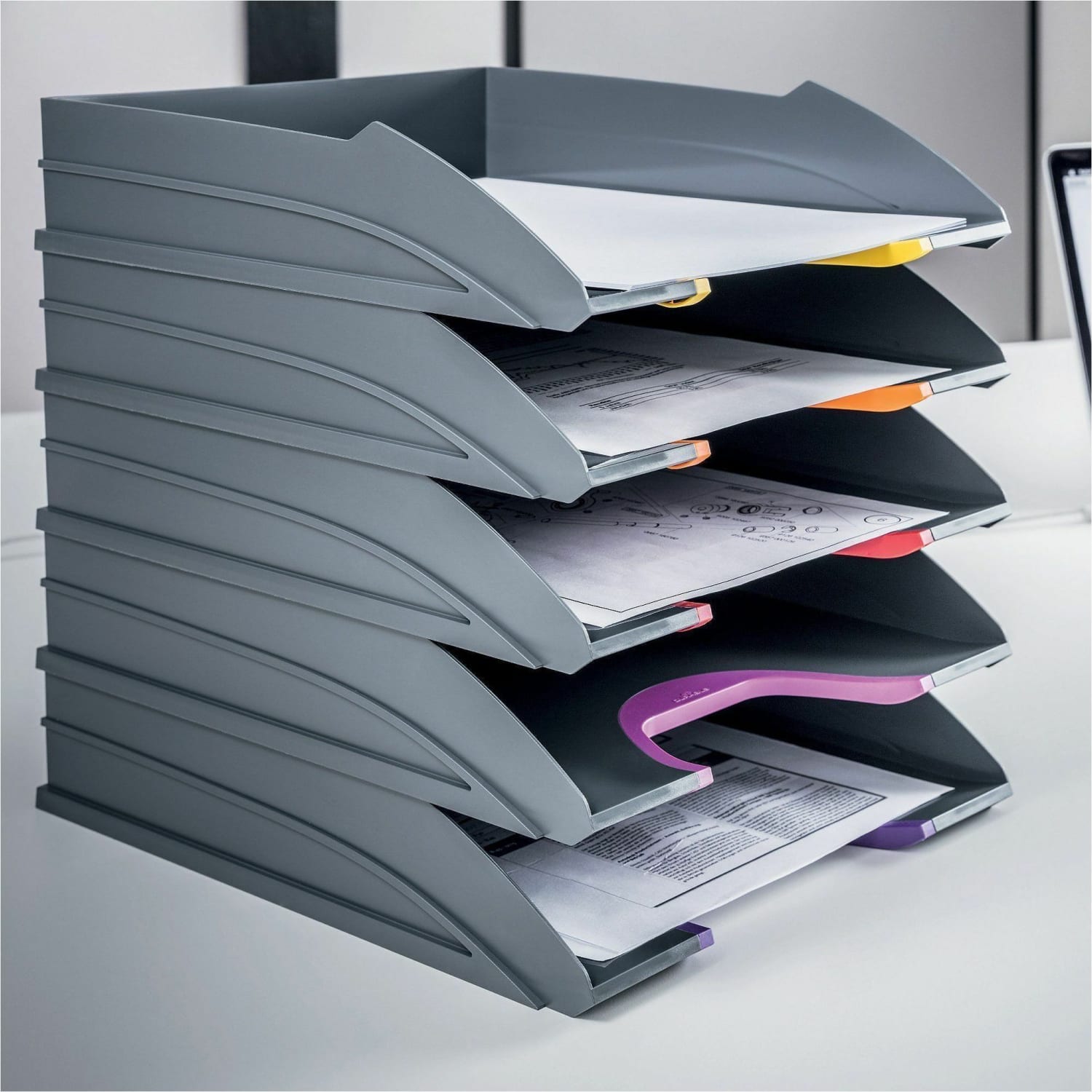 DURABLE VARICOLOR Stackable 5 Letter Trays - 10-1/2in W x 13-1/4in H x 13-1/4in HD- Color Labeled - Multi / Charcoal - Set of 5 - Image 3