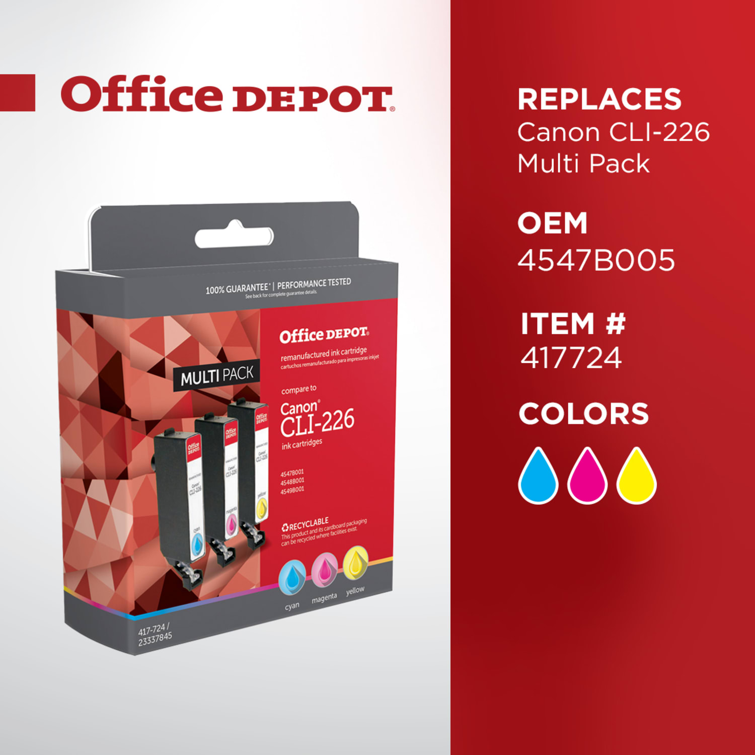 Office Depot Brand Remanufactured Cyan, Magenta, Yellow Ink Cartridge Replacement For Canon CLI-226, Pack Of 3 - Image 6