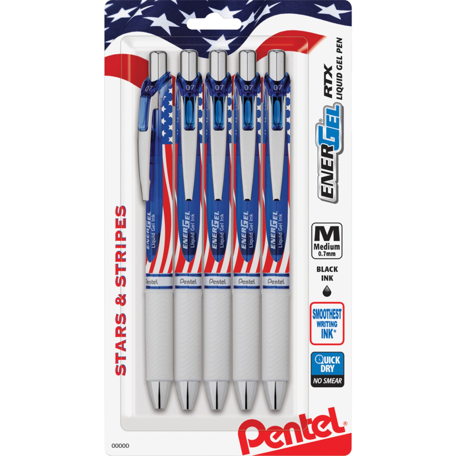 Pentel EnerGel Stars & Stripes Liquid Gel Pens, Pack Of 5, Medium Point, 0.7 mm, Red/White/Blue Barrel, Black Ink - Image 4